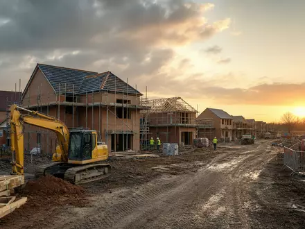 Fotorealistische Neubausiedlung im Bau zeigt Kerngeschäft von Barratt Developments plc, ISIN GB0000811801, britischer Wohnungsbau - Foto: THN
