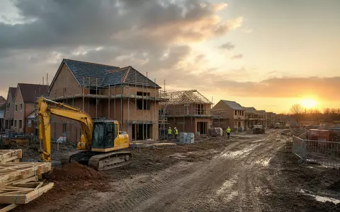 Fotorealistische Neubausiedlung im Bau zeigt Kerngeschäft von Barratt Developments plc, ISIN GB0000811801, britischer Wohnungsbau - Foto: THN