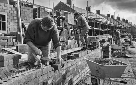 Schwarzweiß-Reportagefoto von Maurern auf Baustelle symbolisiert Handwerk bei Barratt Developments plc, ISIN GB0000811801, London - Foto: THN