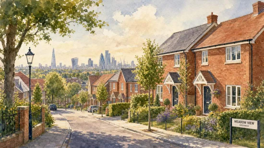 Aquarell einer englischen Wohnstraße mit Backsteinhäusern und Londoner Skyline