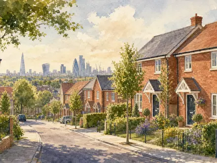 Aquarellmalerei englischer Wohnsiedlung mit Londoner Skyline versinnbildlicht Standort von Barratt Developments plc, ISIN GB0000811801 - Foto: THN