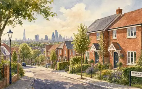 Aquarellmalerei englischer Wohnsiedlung mit Londoner Skyline versinnbildlicht Standort von Barratt Developments plc, ISIN GB0000811801 - Foto: THN
