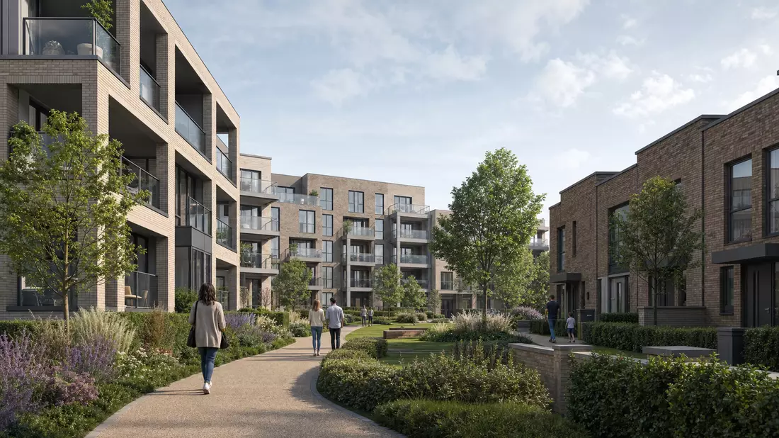 Architekturvisualisierung moderner Wohnhäuser mit Grünflächen und Fußwegen