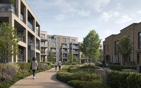 Moderner Architektur-Render eines Wohnquartiers zeigt zeitgemäße Bauprojekte von Barratt Developments plc, ISIN GB0000811801, London - Foto: THN