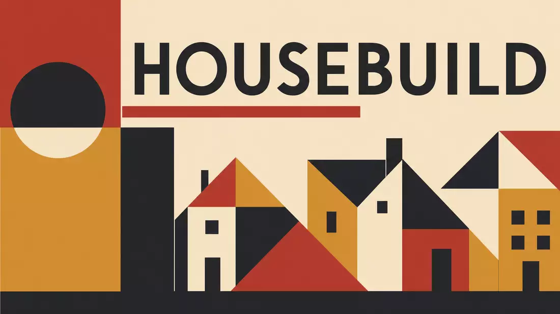 Geometrisches Bauhaus-Poster mit Häusersilhouetten und Schriftzug HOUSEBUILD