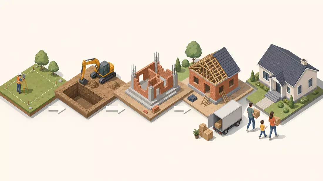 Isometrische Illustration der Bauphasen von Vermessung bis fertigem Haus
