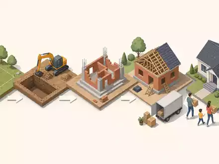 Isometrische 3D-Grafik zeigt Wertschöpfungskette vom Grundstück bis Einzug, passend zu Barratt Developments plc, ISIN GB0000811801 - Foto: THN