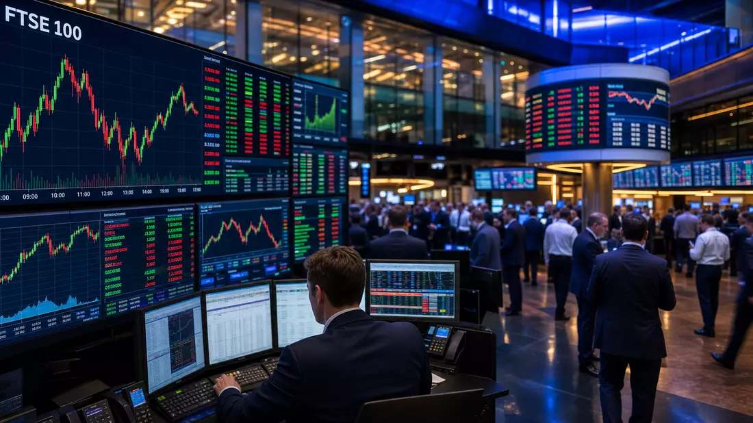 Trading-Etage mit FTSE-100-Kurscharts auf großen Bildschirmen und Händlern