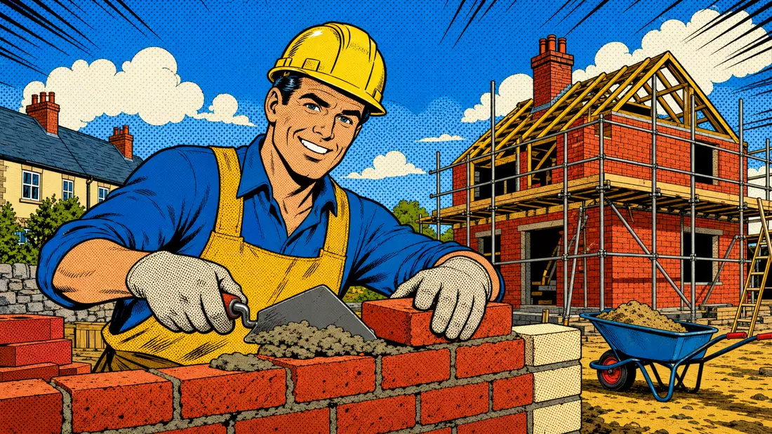 Bunte Comic-Illustration eines Bauarbeiters beim Mauern vor Rohbau im Pop-Art-Stil