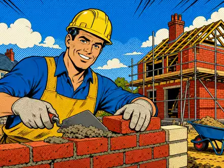 Pop-Art-Comic mit lÀchelndem Maurer auf Baustelle stellt Barratt Developments plc, ISIN GB0000811801, humorvoll dar - Foto: THN
