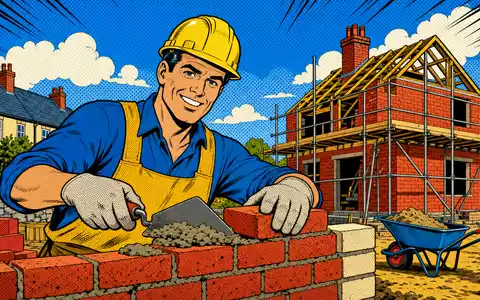 Pop-Art-Comic mit lächelndem Maurer auf Baustelle stellt Barratt Developments plc, ISIN GB0000811801, humorvoll dar - Foto: THN