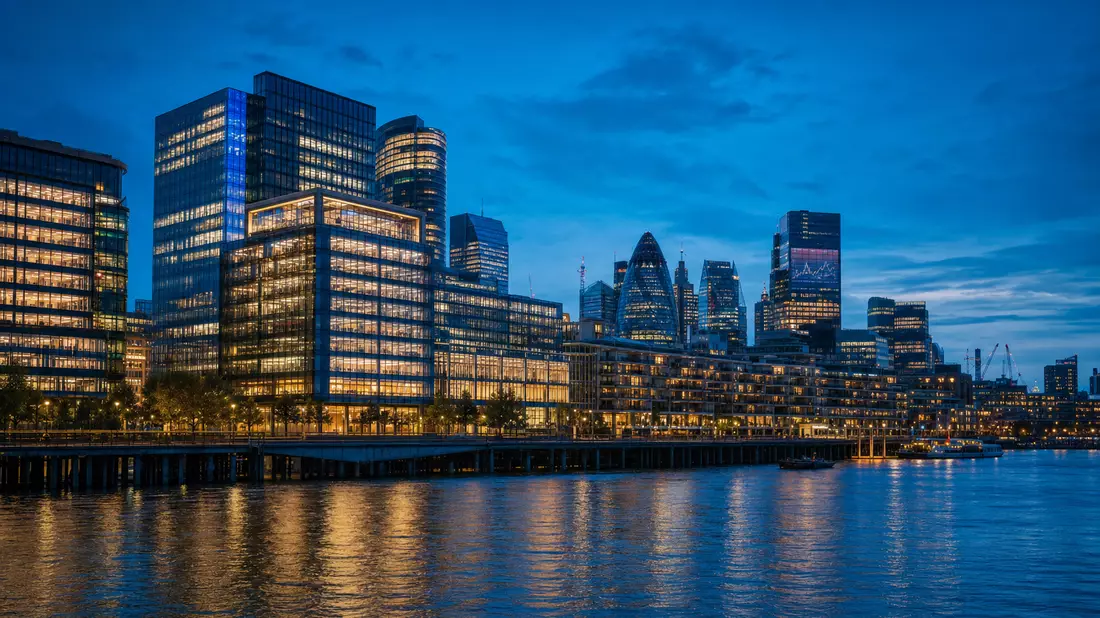 Nächtliche Skyline der Londoner Finanzdistrikt am Fluss mit erleuchteten Bürotürmen