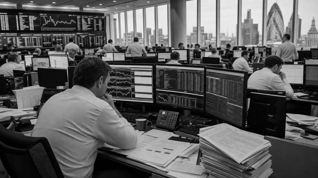Schwarzweiß-Reportagefoto eines belebten Handelsraums mit Analysten an Bildschirmen