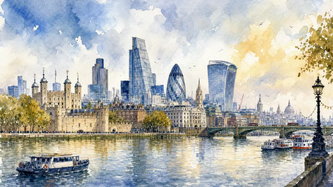 Aquarellbild der Londoner Skyline mit Wolkenkratzern und Booten auf der Themse