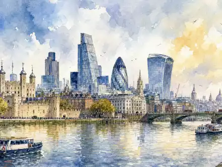 Aquarellmalerei der Londoner Skyline symbolisiert den Firmensitz von M&G plc, ISIN GB00B03MM408, am Thames-Ufer - Foto: THN
