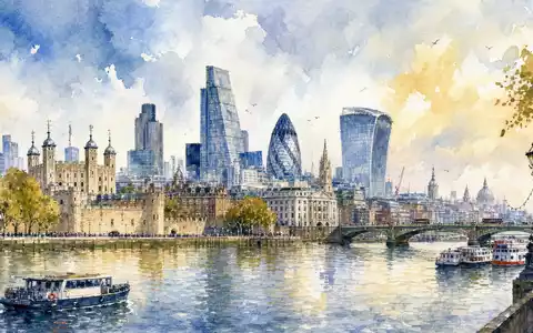Aquarellmalerei der Londoner Skyline symbolisiert den Firmensitz von M&G plc, ISIN GB00B03MM408, am Thames-Ufer - Foto: THN