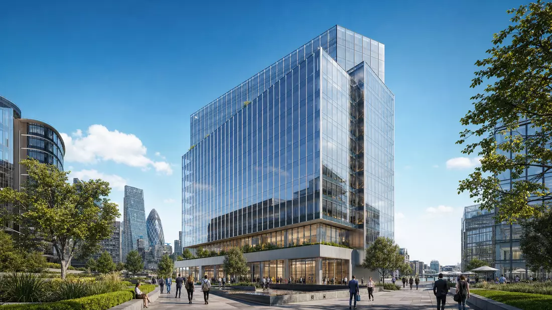 3D-Render eines modernen gläsernen Bürohochhauses mit Platz und Fußgängern in London