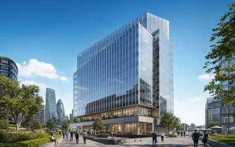 Architektur-Render eines modernen Glasturms verdeutlicht den Unternehmenssitz von M&G plc, ISIN GB00B03MM408, London - Foto: THN