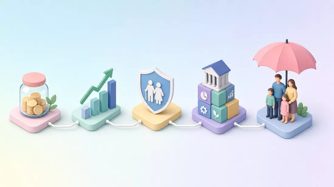 Isometrische 3D-Illustration einer Prozesskette von Sparen über Investment bis Familienschutz