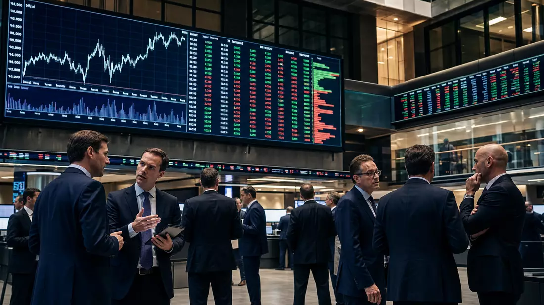 Editorial-Foto von Börsenhändlern vor großen FTSE 100 Kursanzeigen im Handelsraum