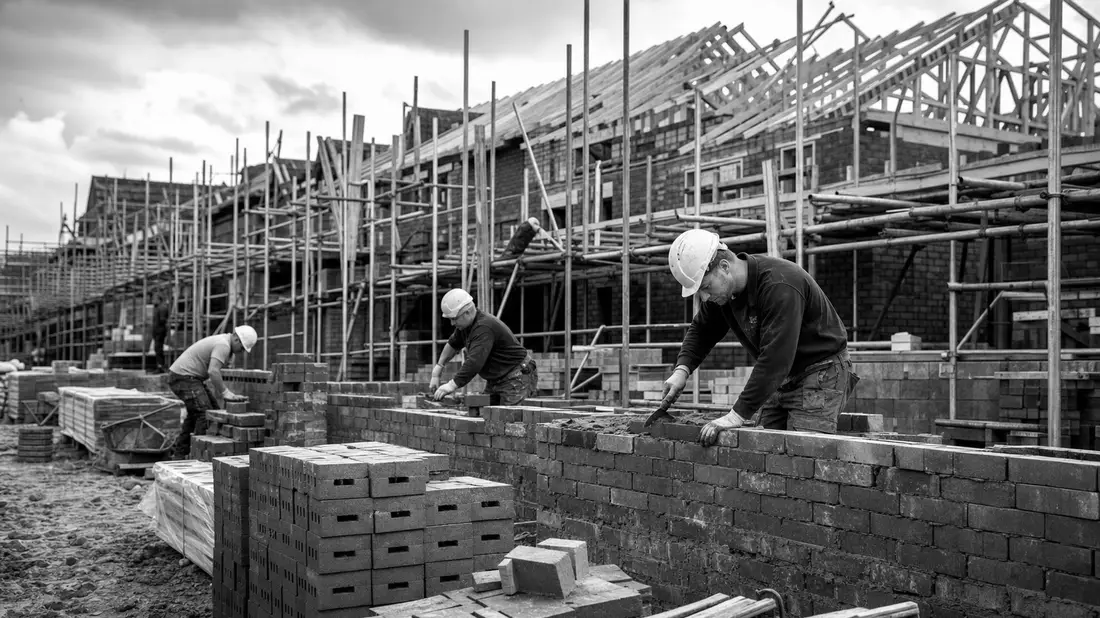 Schwarzweißes Reportagefoto von Bauarbeitern beim Mauern auf einer Baustelle