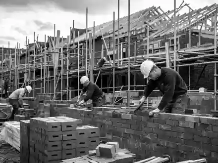 Schwarzweiß-Reportagefoto einer Baustelle repräsentiert Taylor Wimpey plc, Wohnungsbau-Aktie mit ISIN GB0008782301, dokumentarisch - Foto: THN