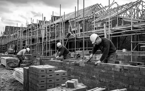 Schwarzweiß-Reportagefoto einer Baustelle repräsentiert Taylor Wimpey plc, Wohnungsbau-Aktie mit ISIN GB0008782301, dokumentarisch - Foto: THN