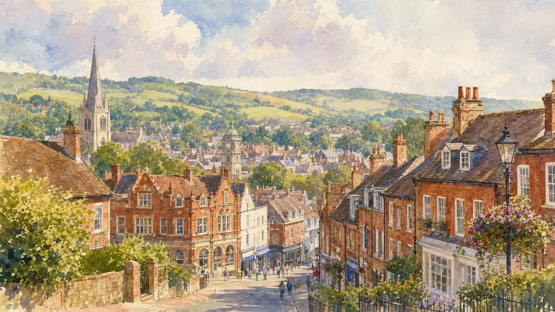 Aquarellbild einer englischen Marktstadt mit Backsteinhäusern und grünen Hügeln