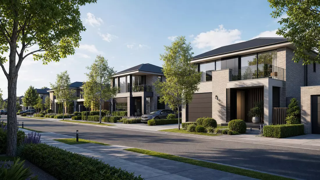 Architektur-Render einer modernen Wohnstraße mit zeitgemäßen Familienhäusern und Bäumen