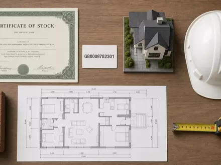Flatlay mit Aktienzertifikat und ISIN-Karte GB0008782301 symbolisiert die Kapitalanlage in Taylor Wimpey plc anschaulich - Foto: THN