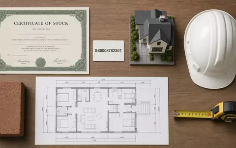 Flatlay mit Aktienzertifikat und ISIN-Karte GB0008782301 symbolisiert die Kapitalanlage in Taylor Wimpey plc anschaulich - Foto: THN
