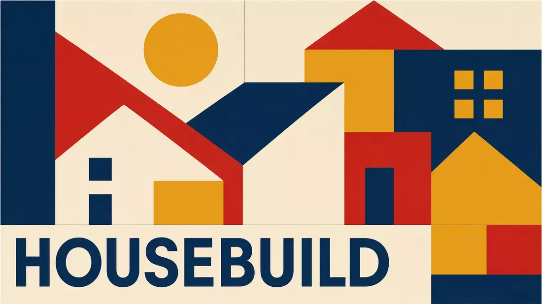 Geometrisches Bauhaus-Poster mit stilisierten Häusern und dem Schriftzug HOUSEBUILD