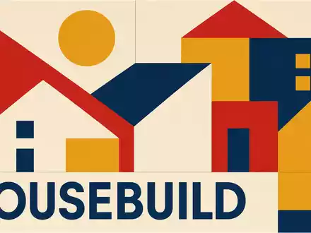 Bauhaus-Poster mit Sektor-Schriftzug HOUSEBUILD repräsentiert die Branche von Taylor Wimpey plc, ISIN GB0008782301, grafisch - Foto: THN