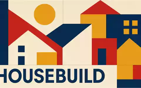 Bauhaus-Poster mit Sektor-Schriftzug HOUSEBUILD repräsentiert die Branche von Taylor Wimpey plc, ISIN GB0008782301, grafisch - Foto: THN