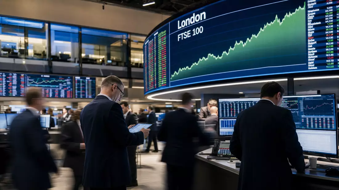 Trading-Floor mit Bildschirmen zeigt London FTSE 100 Kursdiagramme und Analysten in Anzügen