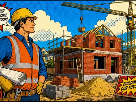 Pop-Art-Comic mit Bauarbeiter und Kran zeigt farbenfroh die Branche von Taylor Wimpey plc, ISIN GB0008782301 - Foto: THN