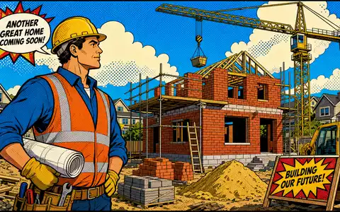 Pop-Art-Comic mit Bauarbeiter und Kran zeigt farbenfroh die Branche von Taylor Wimpey plc, ISIN GB0008782301 - Foto: THN