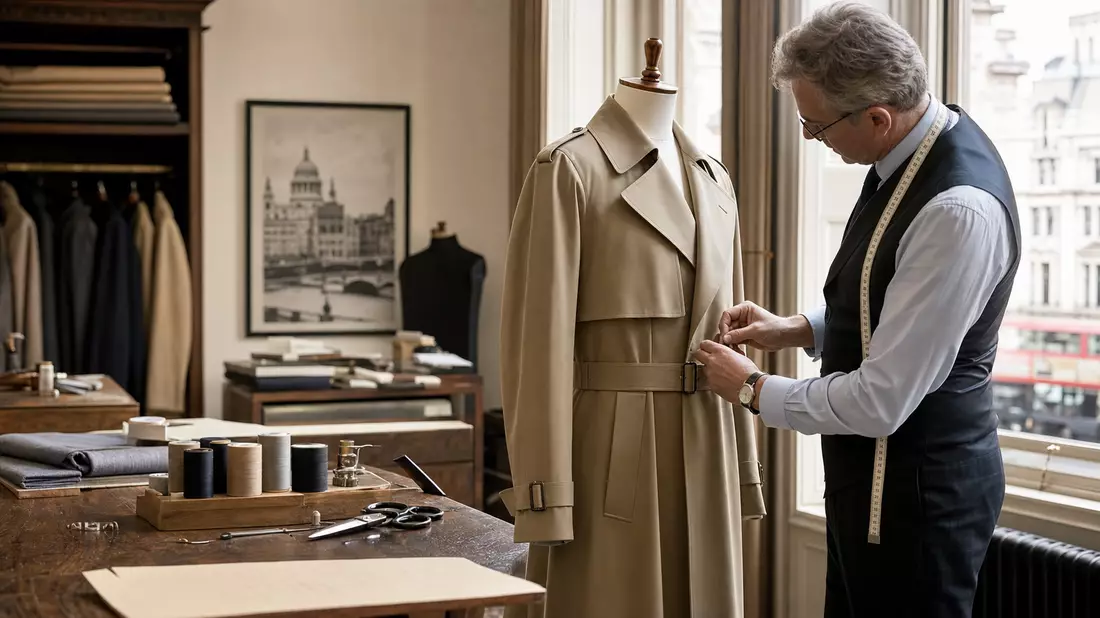 Schneider arbeitet an beigem Trenchcoat in einem Londoner Modeatelier