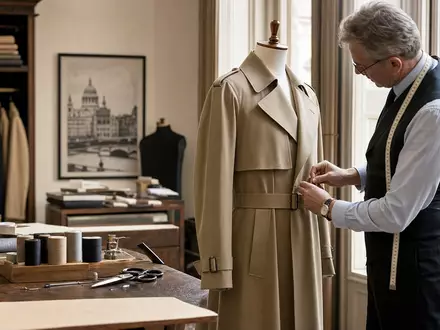 Fotorealistische Szene zeigt Schneiderhandwerk für Burberry Group plc, ISIN GB0031743007, in Londoner Modeatelier mit Trenchcoat - Foto: THN
