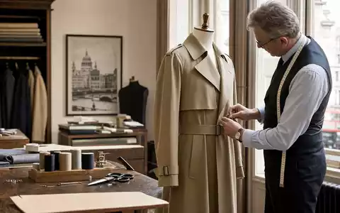 Fotorealistische Szene zeigt Schneiderhandwerk für Burberry Group plc, ISIN GB0031743007, in Londoner Modeatelier mit Trenchcoat - Foto: THN