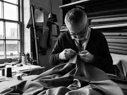 Dokumentarische Schwarzweiß-Reportage zeigt Handarbeit für Burberry Group plc, ISIN GB0031743007, in traditioneller Näherei London - Foto: THN