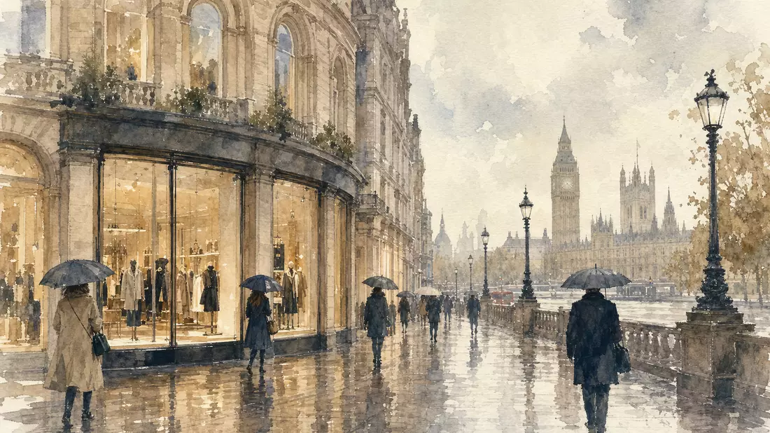 Aquarellbild einer regnerischen Londoner Straße mit Schaufenster