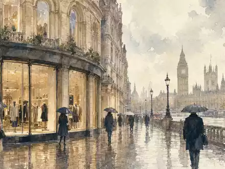 Aquarell zeigt Londoner Stadtszene für Burberry Group plc, ISIN GB0031743007, mit Modegeschäft im Regen - Foto: THN