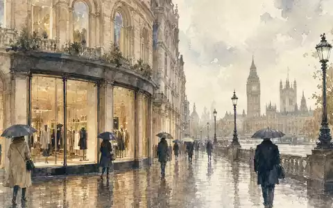 Aquarell zeigt Londoner Stadtszene für Burberry Group plc, ISIN GB0031743007, mit Modegeschäft im Regen - Foto: THN