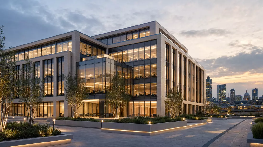 Architekturrender eines modernen Bürogebäudes mit Glasfassade in London