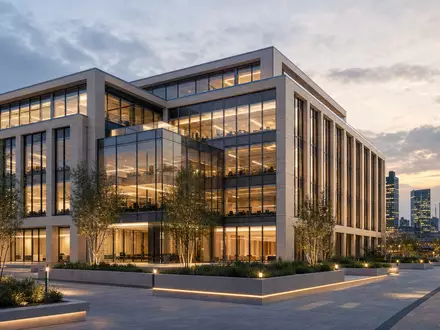 Architektur-Render zeigt modernen Firmensitz repräsentativ für Burberry Group plc, ISIN GB0031743007, mit Glasfassade in London - Foto: THN