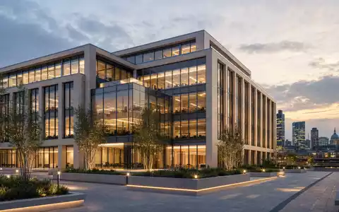 Architektur-Render zeigt modernen Firmensitz repräsentativ für Burberry Group plc, ISIN GB0031743007, mit Glasfassade in London - Foto: THN