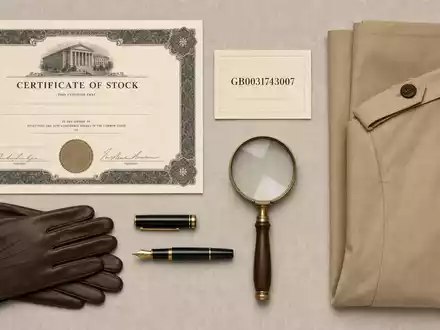 Flatlay-Arrangement mit Aktienzertifikat und ISIN-Karte symbolisiert Burberry Group plc, ISIN GB0031743007, neben unifarbenem Mantelstoff - Foto: THN