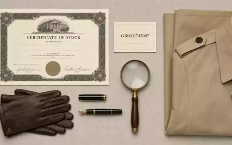 Flatlay-Arrangement mit Aktienzertifikat und ISIN-Karte symbolisiert Burberry Group plc, ISIN GB0031743007, neben unifarbenem Mantelstoff - Foto: THN