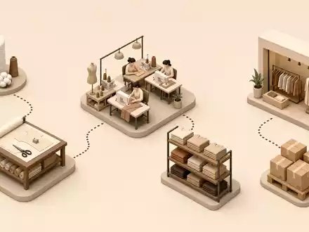 Isometrische 3D-Illustration zeigt Wertschöpfungskette fĂŒr Burberry Group plc, ISIN GB0031743007, von Stoff bis Verkauf - Foto: THN